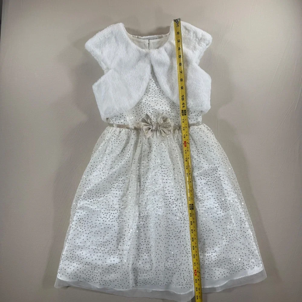 Jona Michelle Girls Sequin Party Dress with Faux Fur Bolero Shrug White Size 12‎